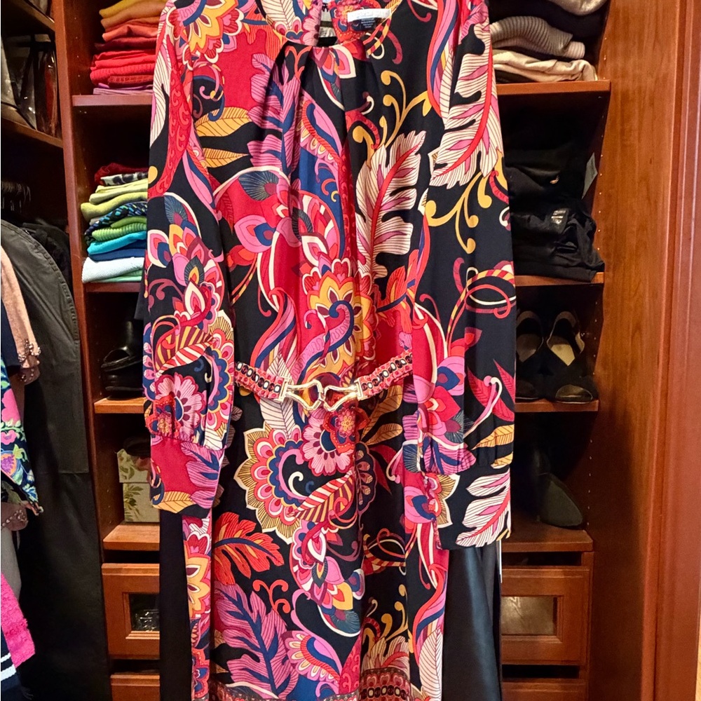 London Times Multicolor Floral Print Dress in packable jersey fabric.